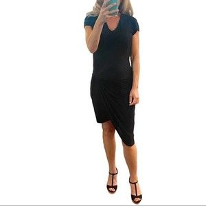 Helmut Lang Asymmetric Dress Black Jersey Knit Knotted Side Twist Cap Sleeve